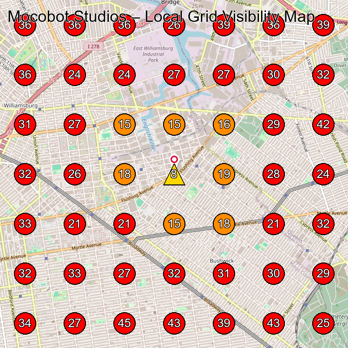 Mocobot Studios GeoGrid visibility map for Video Production Service in New York